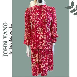 Vintage 80’s Skirt Top Set Red Gold Floral Print Cream Accent Blouse Size Size 8